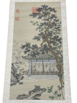 A large hand painted Chinese hanging Scroll measuring 23 inches wide by 52 inches long. Sight 