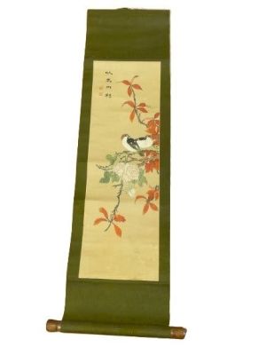 A hand painted Chinese hanging Scroll measuring 10 inches wide by 36 inches long. Sight 