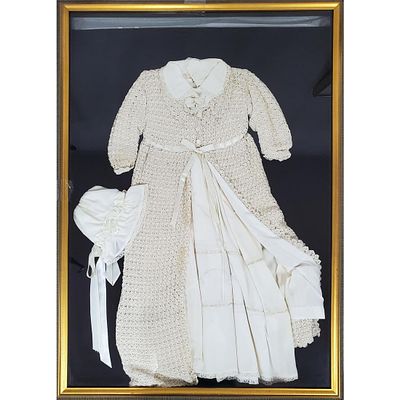 Antique 19th C. Christening Outfit. Framed Under Glass In Shadow Box Frame. Has Not Been