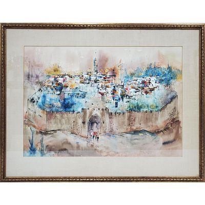 Ben Avram, Israeli (b.1937) Judaica Painting Watercolor & Ink on Paper. "View of