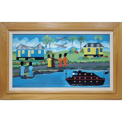 Albert Artwell, Jamaican (b.1942) Painting Acrylic on Wood. "Village & Boat Scene". Signed