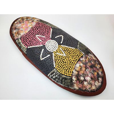 Australian Painted Wood Coolamon Carrying Vessel. Condition: Generally Good. Dimensions: 20" x