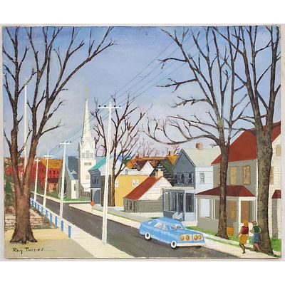 Signed Painting Oil on Canvas. "Suburban Street Scene". Signed "Ray Turner" on Lower Left.