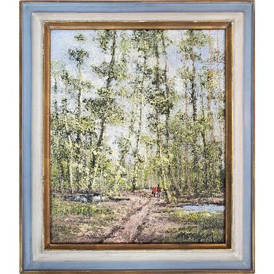 Marcel Harang, French (1910-?) Painting Oil on Canvas. "Two Figures Walking on a Path". Signed
