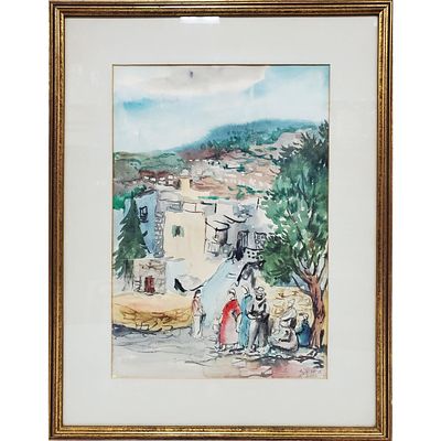 Judaica Signed 20thC. Painting Watercolor on Paper. "Israeli Village w/ Figures". Signed In