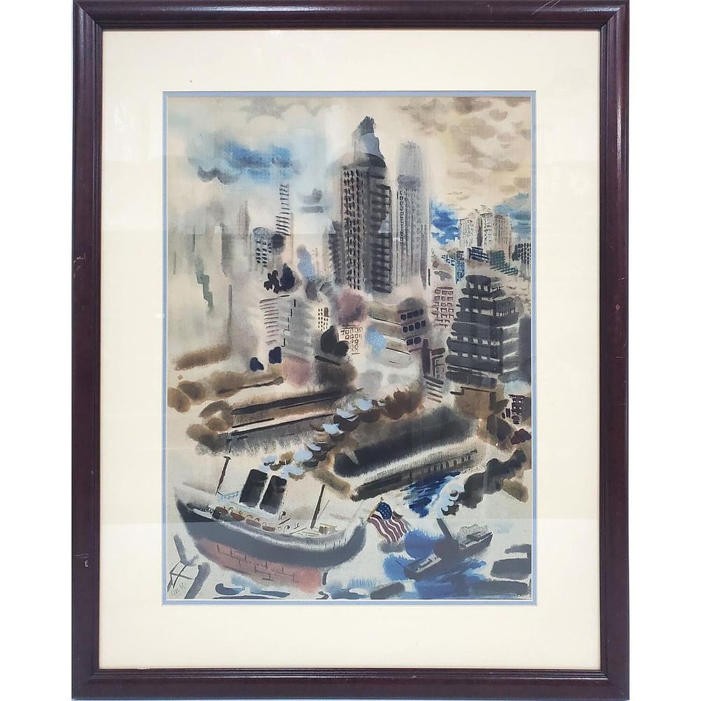 George Grosz, American (1891-1959) Painting Watercolor &amp; Oil on Paper "Manhattan Skyline 