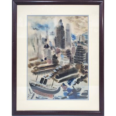 George Grosz, American (1891-1959) Painting Watercolor &amp; Oil on Paper "Manhattan Skyline 