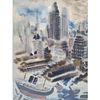 George Grosz, American (1891-1959) Painting Watercolor &amp; Oil on Paper "Manhattan Skyline Image - 1
