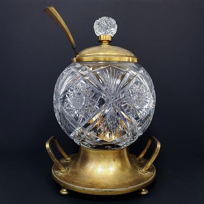 Antique Cut Crystal & Guilt Metal Punch Bowl. Unusual Antique Large Cut Crystal &amp; Guilt 