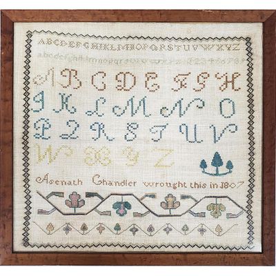 Antique Sampler Dated 1807. Signed "Asenath Chandler Wrought this in 1807". Framed Under Glass. 