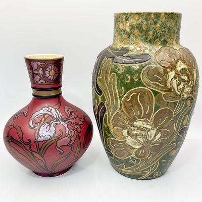 Lot of 2 Fine Antique Pottery Vases Including 1 Belgian Boch Keramis Vase &amp; 1 Glazed 