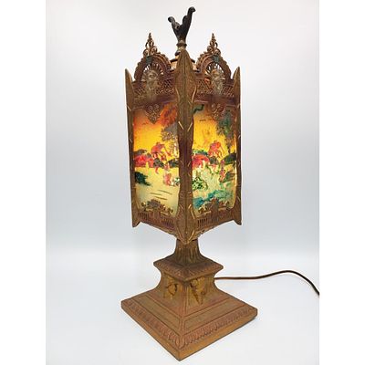 Antique Le-Mur Metal & Reverse Painted Glass Lamp. Antique Le-Mur Metal &amp; Reverse Painted 