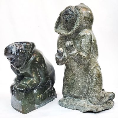 Lot of 2 Vintage Carved Stone Inuit Sculptures. Condition: Generally Good w/ Some Chips. 