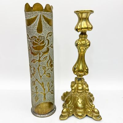 Trench Art Brass Shell & Brass Candlestick. Trench Art Brass Shell Carved w/ Flowers Along w/ an 