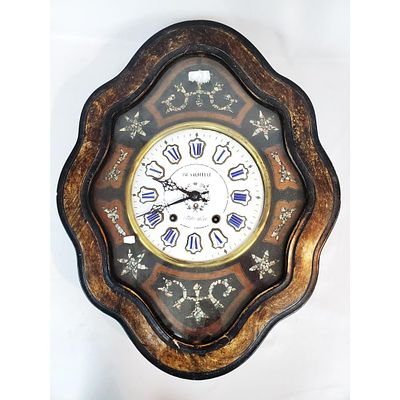 Antique 19th Century French Signed Wall Clock w/ Enamel Face &amp; Inlay Mother of 