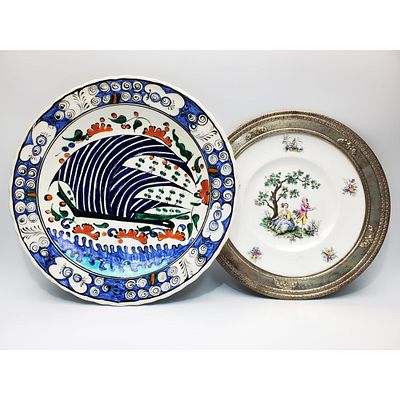 Lot of 2 Vintage Plates Including 1 Royal Worcester Watteau Pattern Plate w/ a Sterling Silver 