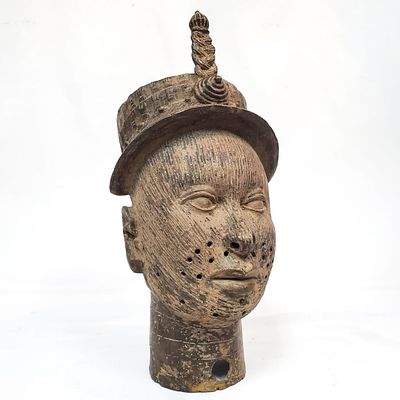 Large Antique Nigerian Ife Style Bronze Head. Condition: Generally Very Good. Dimensions: H- 