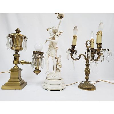 Lot of 3 Old Lamps Including 1 Electric Candlestick &amp; 2 Others. Condition: Generally Very 