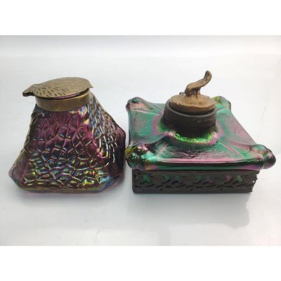 Lot of 2 Antique Loetz Glass Inkwells circa early 20th century. Condition: One is in excellent 