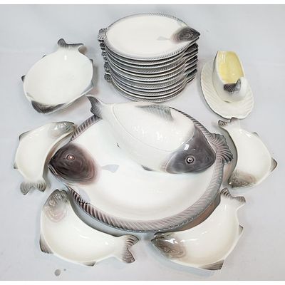 Antique French 21pc. Glazed Porcelain Serving Set. Antique French 21 Piece Fish Glazed Porcelain 