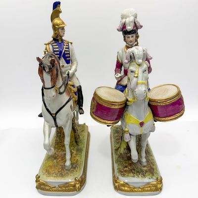 2 Vintage German Porcelain Figures of Soldiers on Horses. Condition: Generally Good w/ Some 