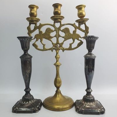 3 Judaica Items Incl. Brass Shabbat Candelabra. 3 Piece Lot of Judaica Items Including Brass 