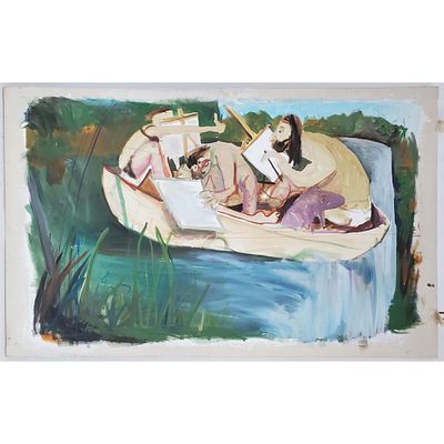 Celeste Dupuy-Spencer (American, b. 1979) Painting Oil on Canvas "Artists on a Boat". Unsigned 