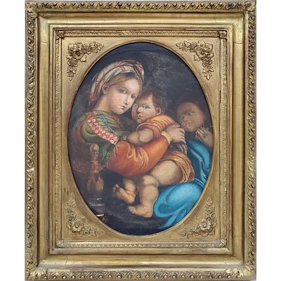 Antique Oil Painting After Raphael. Antique Painting Oil on Board After Raphael "Madonna della 