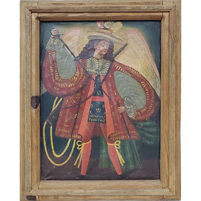 Cusco School Peru Colonial Style Painting Oil on Canvas " Archangel Raphael". Signed &amp; 