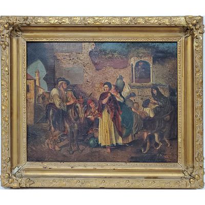 Antique Painting Oil on Canvas Depicting a Market Scene. Framed. Condition: Generally Good. A 