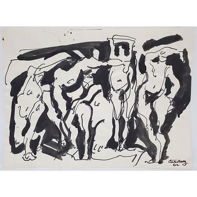 Emilio Cruz (Cuban American, 1938 - 2004) Painting Black Watercolor &amp; Ink on Paper "Abstract 