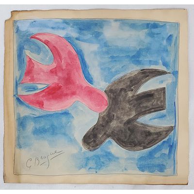 After Georges Braque Watercolor on Paper. "2 Doves" Signed Lower Left. Unframed. Condition: 