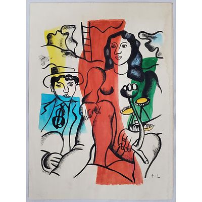 After Fernand Leger Painting Watercolor on Paper "The Couple" Signed Lower Right. Unframed. 