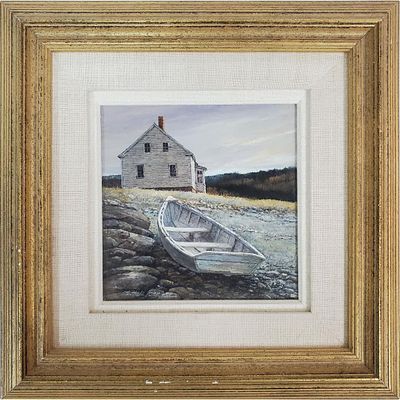 Hale Johnson, American (20/21st century) Painting Oil on Board. "Boat &amp; House Scene". 