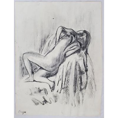 After Degas Drawing Charcoal on Paper "Nude". Signed Lower Left. Unframed. Condition: Heavy 