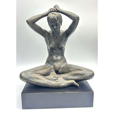 After Carl Mose, American (1903-1973) Bronze Figure "Seated Nude". On Wood Base. Bronze is 