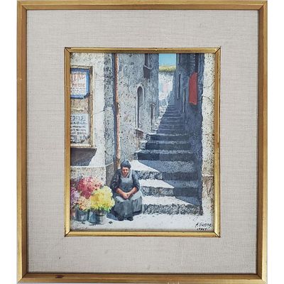 Henry Gasser, American (1909-1981) Painting Watercolor on Paper "Italian Village Scene". Fully 