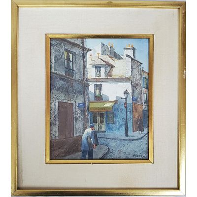 Henry Gasser, American (1909-1981) Painting Watercolor on Paper "Paris Street Scene". Fully 