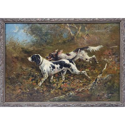 Hugo Anton Fisher, American (1854-1916) Painting Watercolor on Paper "Dogs In a Field". Signed 