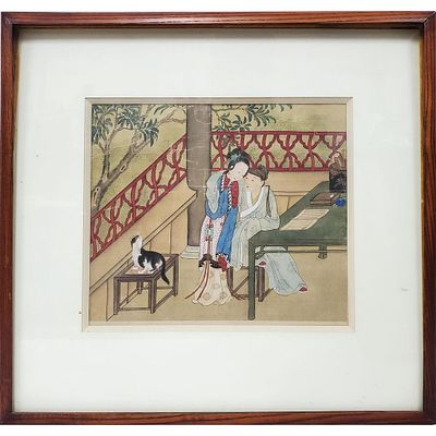 Antique Chinese Qing Dynasty Painting on Rice Paper or Silk Depicting an Indoor Scene w/ a Man 