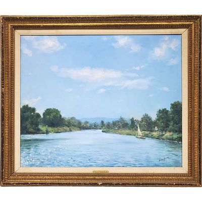 Dana Ripley Pond, American (1881-1962) Painting Oil on Canvas. "Sailboat in The Lake". Signed 