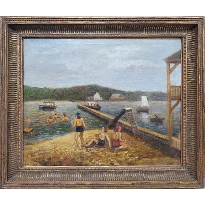 Signed Painting Oil on Canvas "Figures by Dock". Signed Painting Oil on Canvas "Figures 