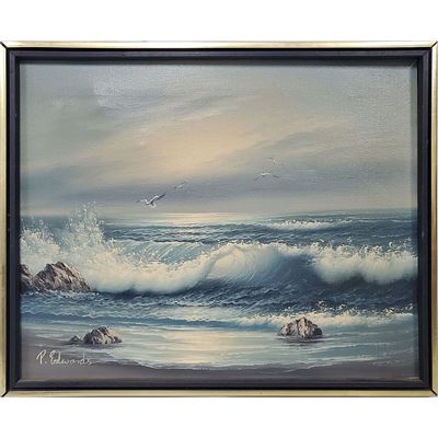 Signed P. Edwards Vintage Painting Oil on Canvas "Seascape" Signed Lower Left c. 1960's. In 