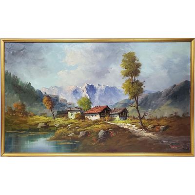 Signed Mansini Vintage Painting Oil on Canvas "Villiage &amp; Mountain Scene". Signed Lower 