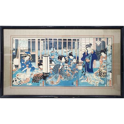 Antique Japanese Ukiyo-e Wood Block Print After Utagawa Yoshiiku. In Original Frame Under 