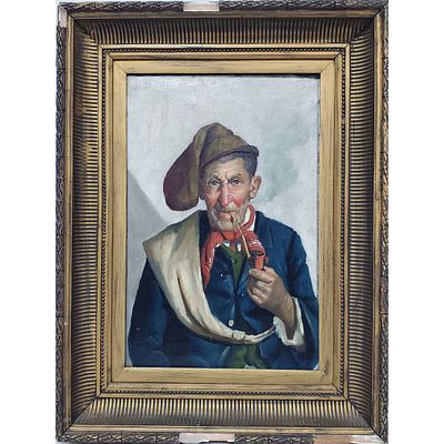 Antique Painting Oil on Canvas. "Man w/ a Pipe". Apparently Unsigned. In Original Frame. 
