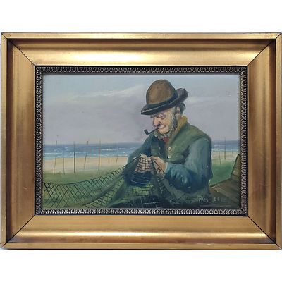 Antique Signed Painting Oil on Canvas. "Man w/ Fishnet". Signed Lower Right. In Original Frame. 