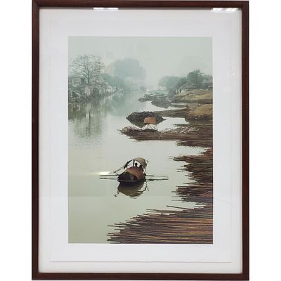Ellen Kaplowitz, American (20th C) Iris Print on Watercolor Paper. "Boat on the River 