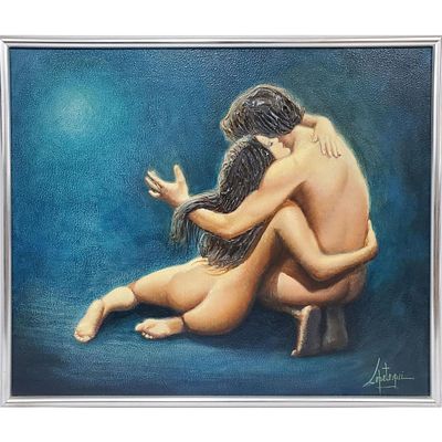 Juan Lopetequi, Cuban/American (b.1931) Painting Oil on Canvas. "Man &amp; Woman Embracing". 