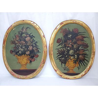 Lot of 2 Large Vintage Oval Paintings Oil on Board Depicting Flowers. Both in Original Framed. 